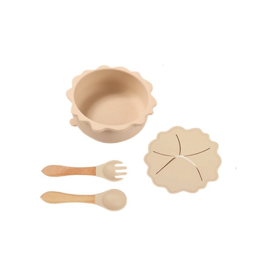 Beige dinosaurus servies kraamcadeau