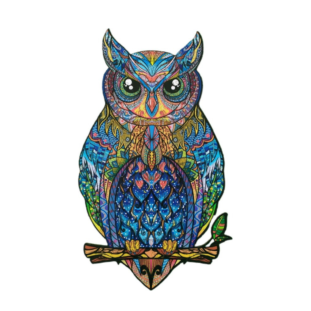 Voltooide Mystery Owl puzzel met artistieke uil van hout, geschikt als decoratie