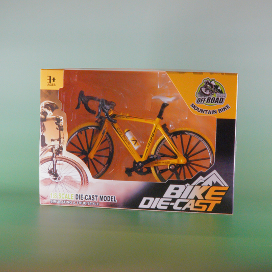 Gele 1:8 miniatuur fiets met schaalmodel mountainbike, doos 22x7,3x16 cm