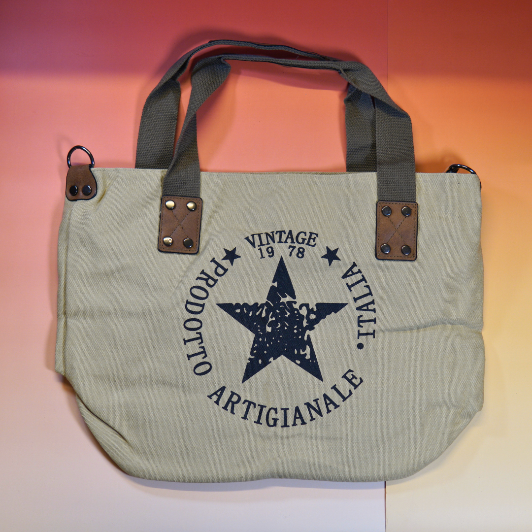 Beige canvas tas B-keuze met Italiaanse vintage print en leren details