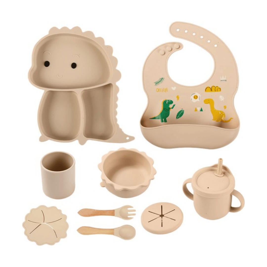 Beige dinosaurus kinderservies set 9-delig