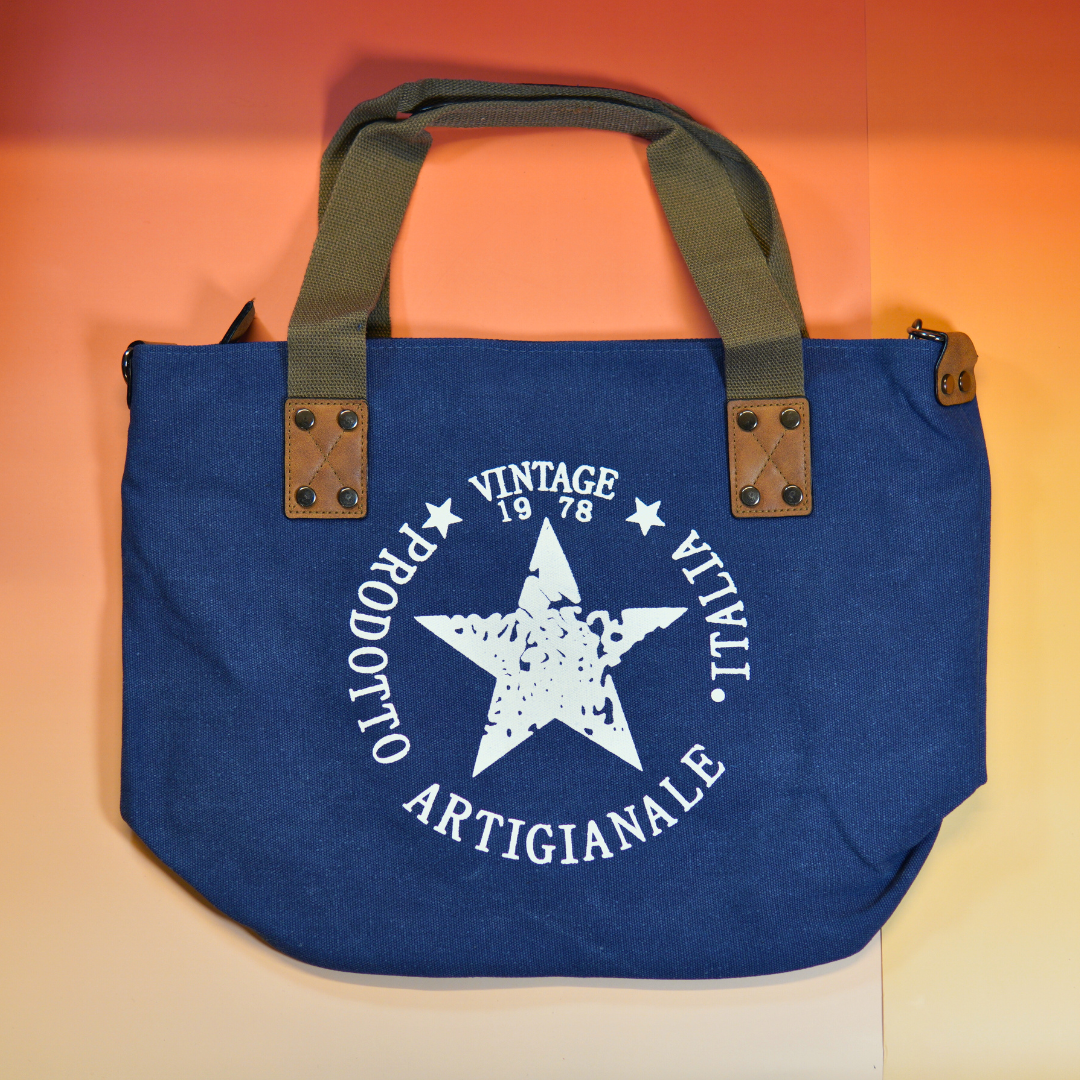 Blauwe canvas tas B-keuze met Italiaanse vintage print en leren accenten