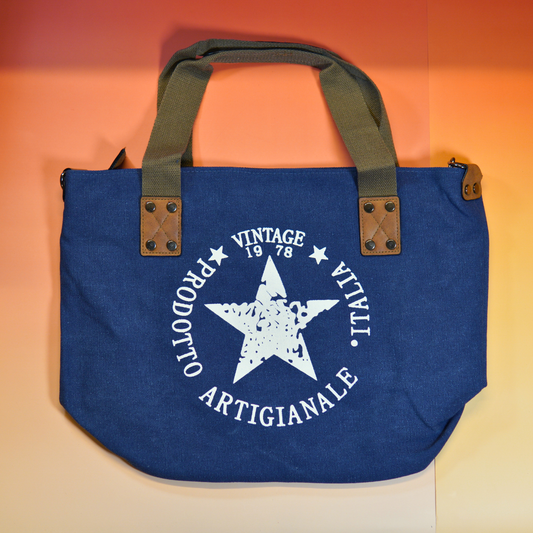 Blauwe canvas tas B-keuze met Italiaanse vintage print en leren accenten
