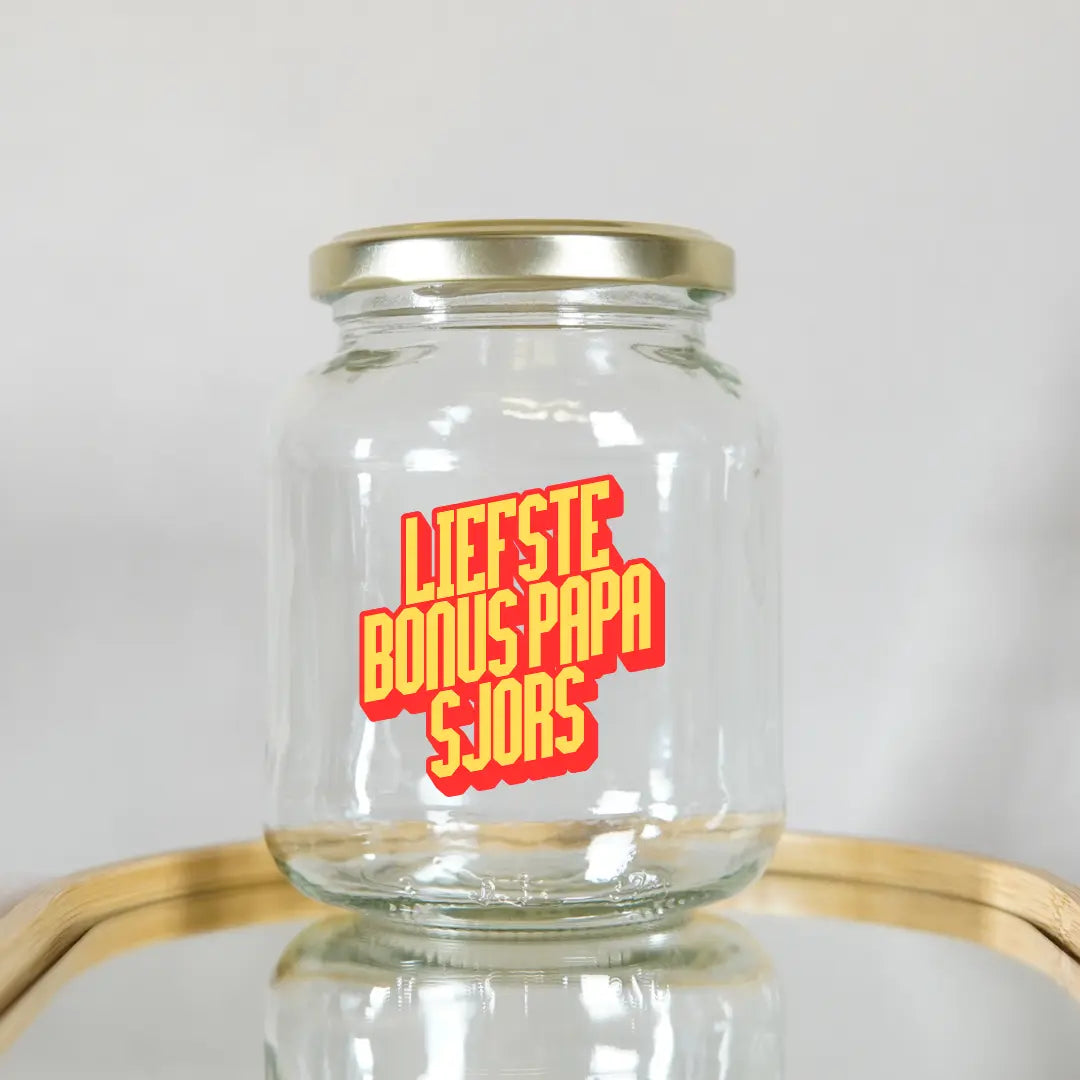 glazen pot met naam voor bonuspapa cadeau