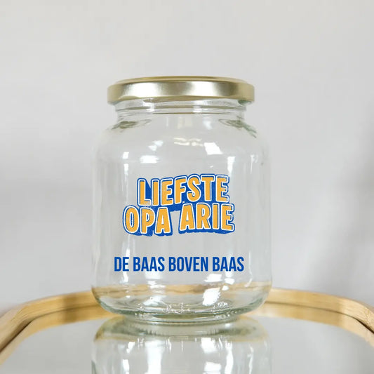 Pure elegantie: Heldere glazen pot met subtiele naam-personalisatie voor een luxe uitstraling