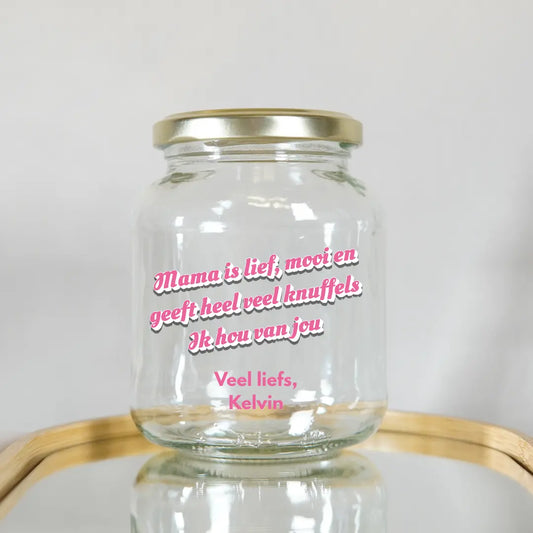 glazen voorraadpot als blijvende herinnering cadeau met eigen tekst voor mama oma cadeau