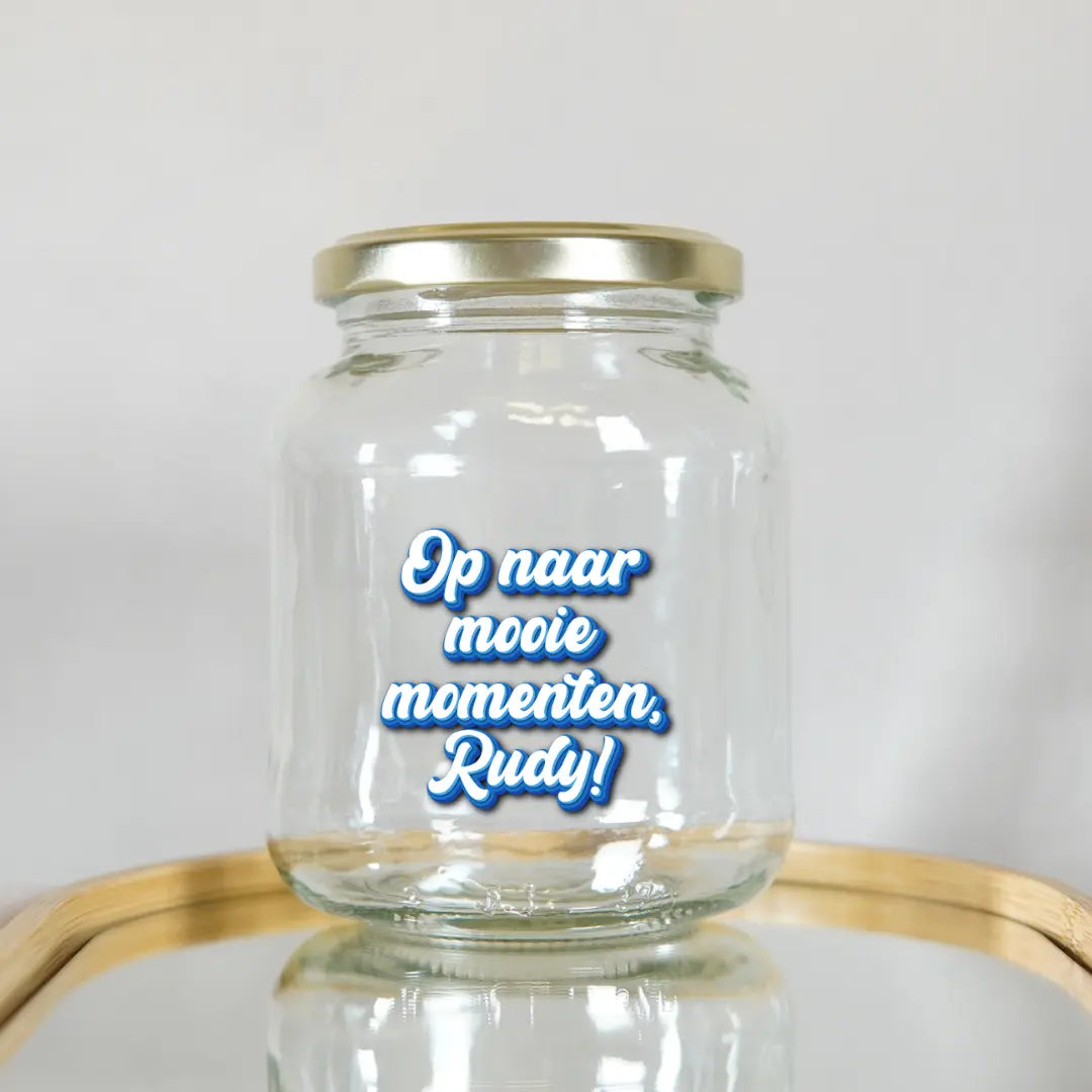 glazen snoeppot met bedrukte naam