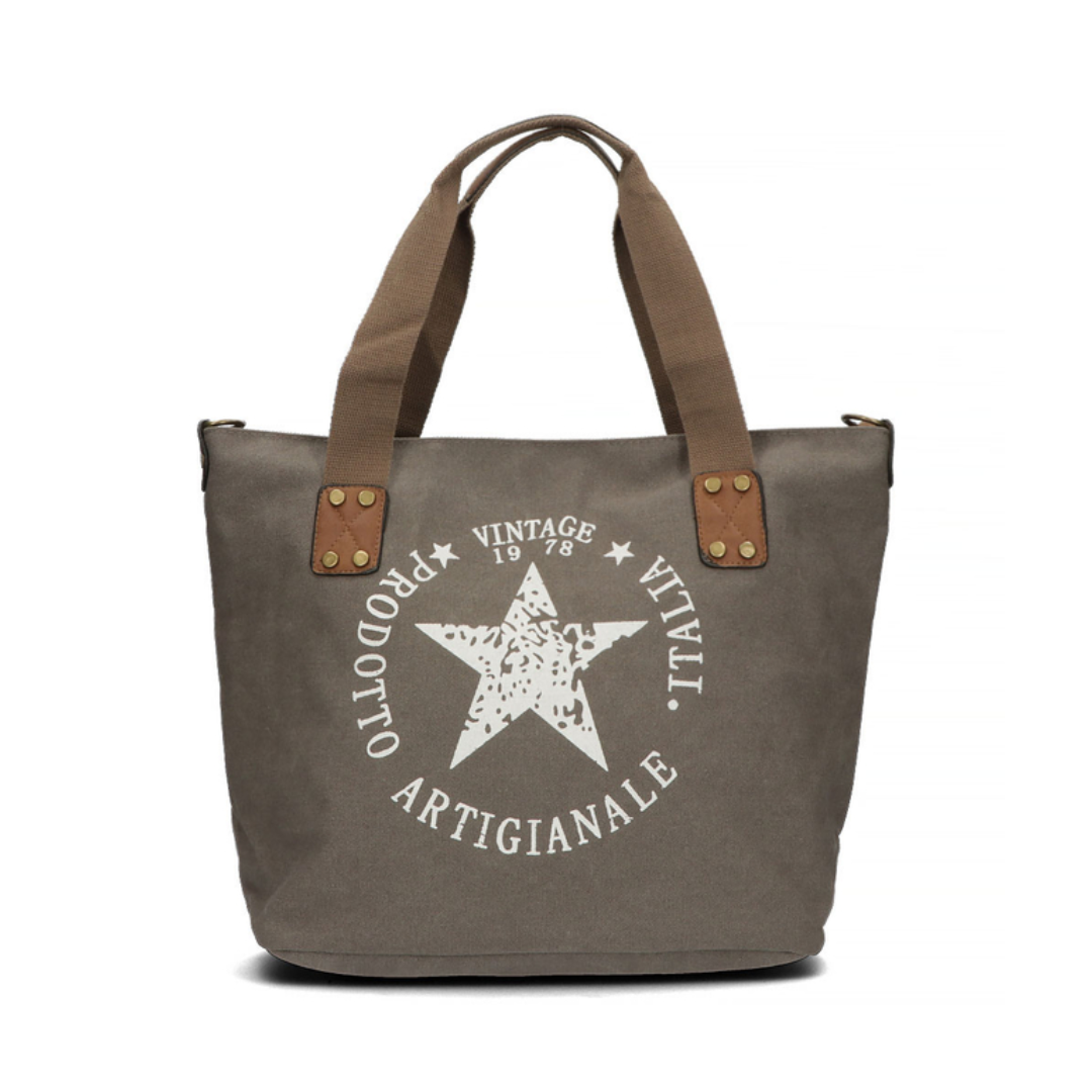 Grijze canvas tas B-keuze met Italiaanse vintage print en leren details