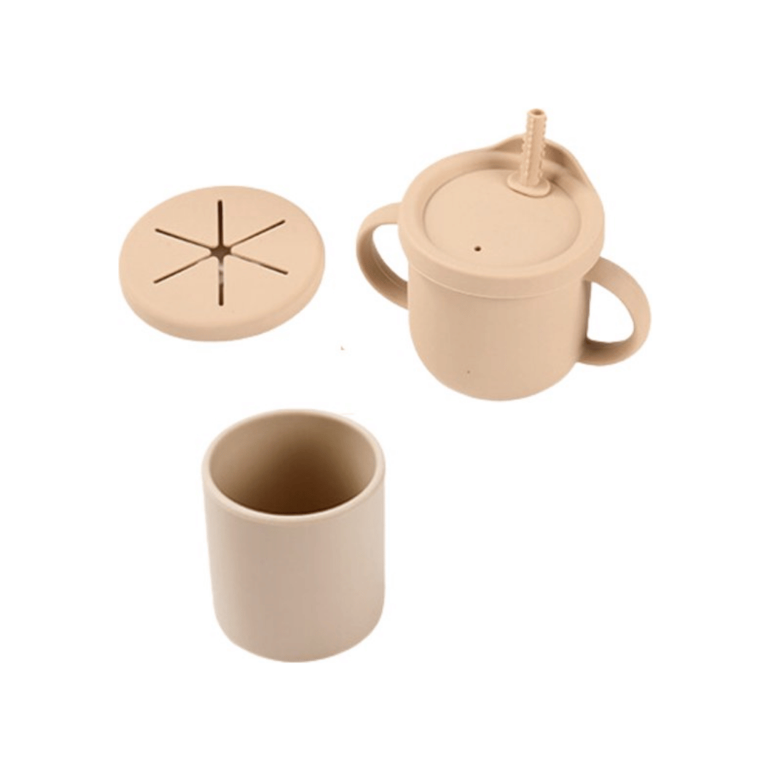 Kinderservies beige met dinosaurus thema, inclusief bord, beker en bestek