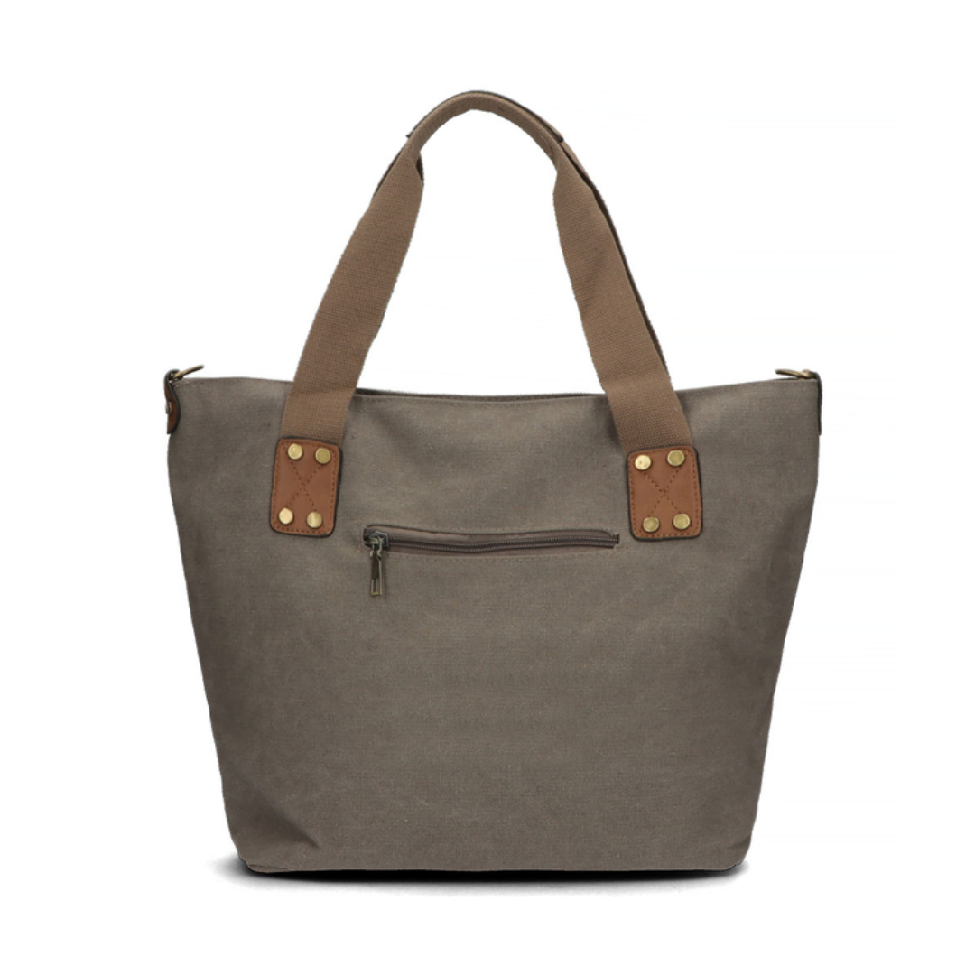 Stijlvolle grijze shopper tas van textiel met vintage motiefprint