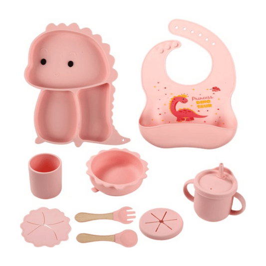 Compleet roze kinderservies met dinosaurus design en accessoires