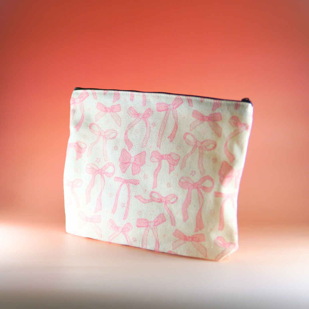 Wit make-up tasje met vrolijk roze strikjes patroon van Bow Surprise Box cadeau voor haar