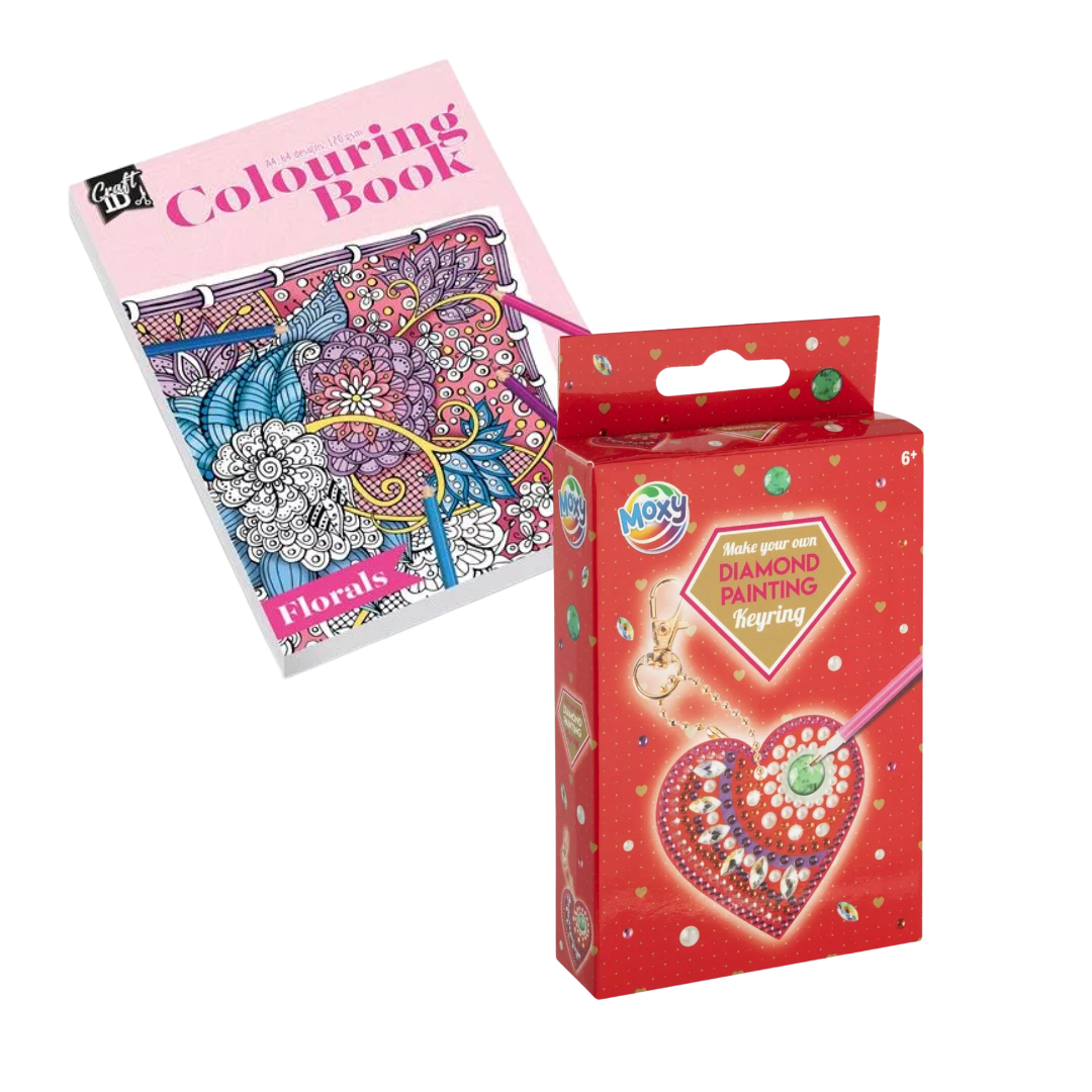 Kleurboek & Diamond Painting Set – Florals Teken Kleurboek + DIY Rode Hart Diamond Painting Sleutelhanger – Creatief Hobby DIY Pakket – Cadeau Voor Meisjes 8+