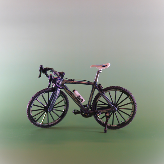 Realistisch schaalmodel zwarte mountainbike miniatuurfiets met werkende handremmen