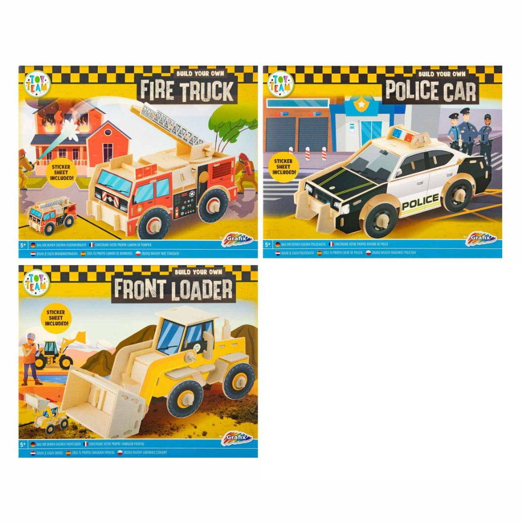 Houten Bouwset Voertuigen – 3-delige Speelgoed Auto Set (Brandweerwagen, Politieauto & Heftruck) – Creatief Speelgoed 5 jaar