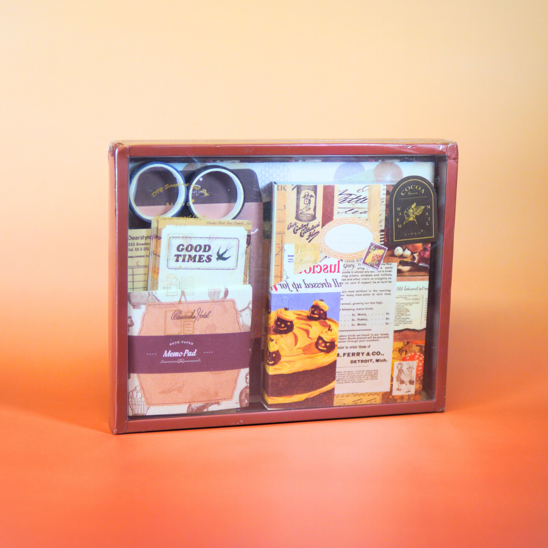 Vintage stationery set als hobby pakket en creatief cadeau met papier, stickers en washi tape voor journaling en scrapbooking