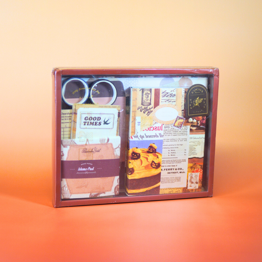 Vintage stationery set als hobby pakket en creatief cadeau met papier, stickers en washi tape voor journaling en scrapbooking