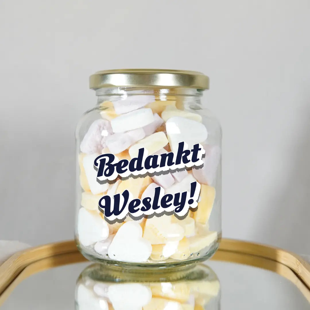 gevulde snoeppot met bedankje en gepersonaliseerde naam cadeau