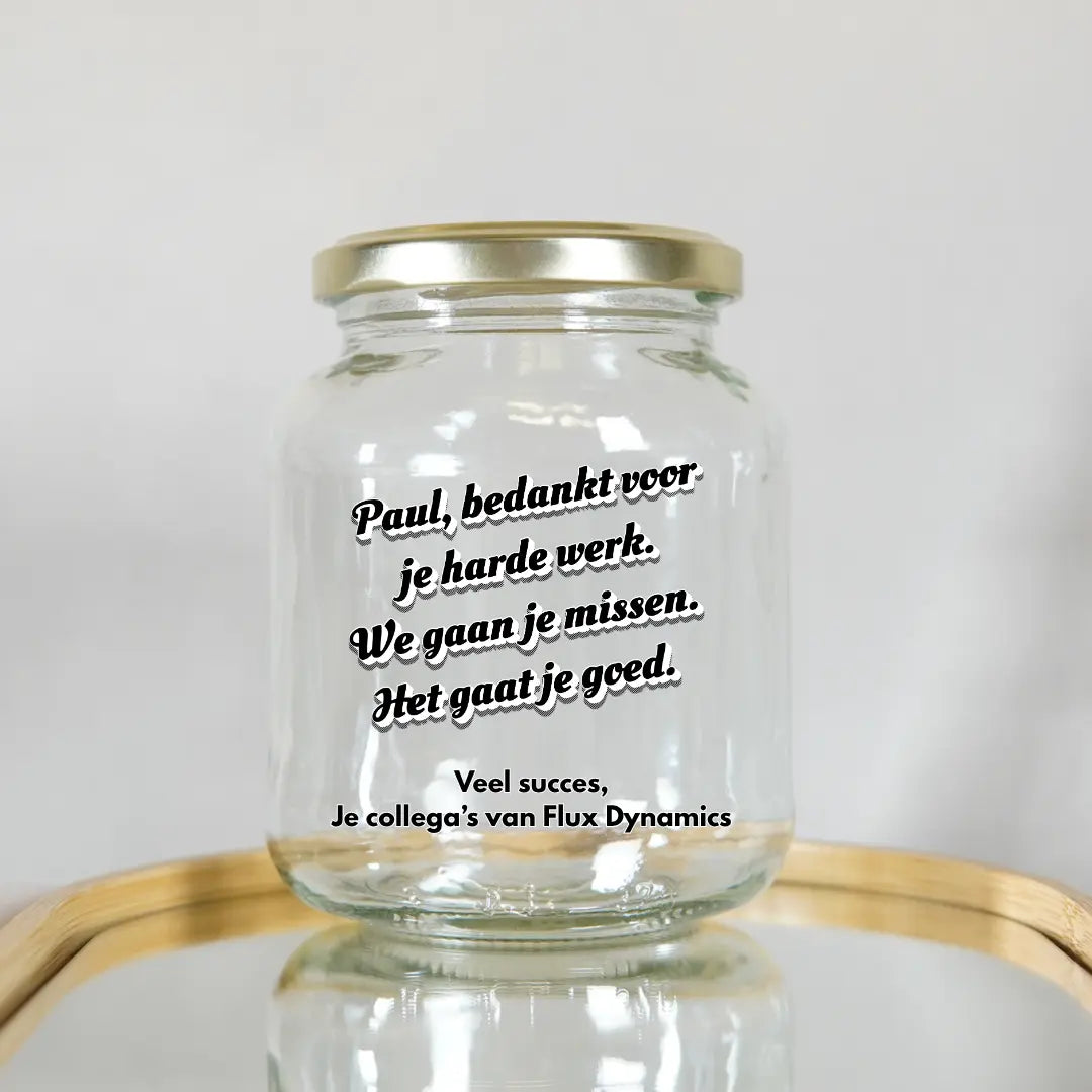 persoonlijke bedank pot van helder glas met gepersonaliseerde tekst
