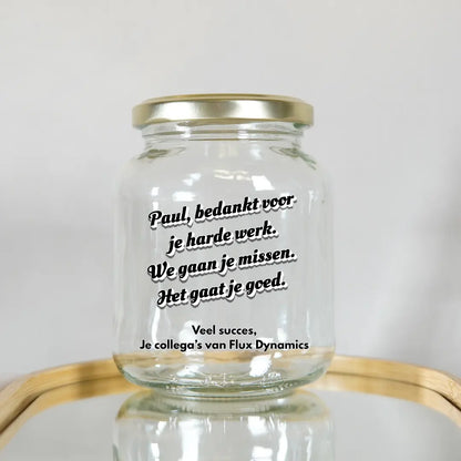 persoonlijke bedank pot van helder glas met gepersonaliseerde tekst