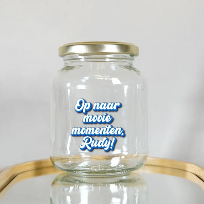 glazen snoeppot met bedrukte naam