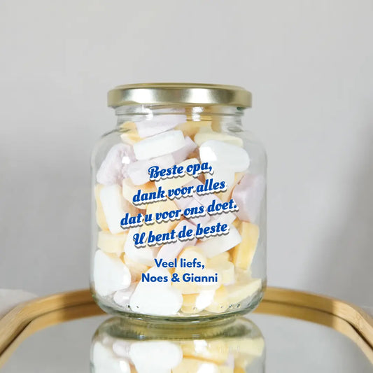 persoonlijk bericht bedrukt op een glazen luxe snoeppot cadeau voor papa of opa of man