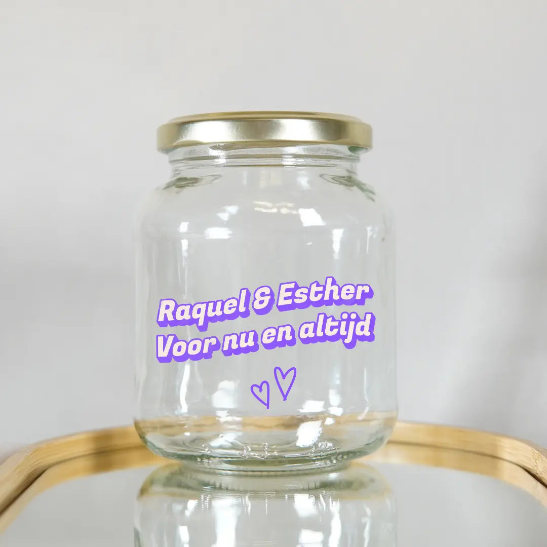 glazen voorraadpot met eigen design en namen