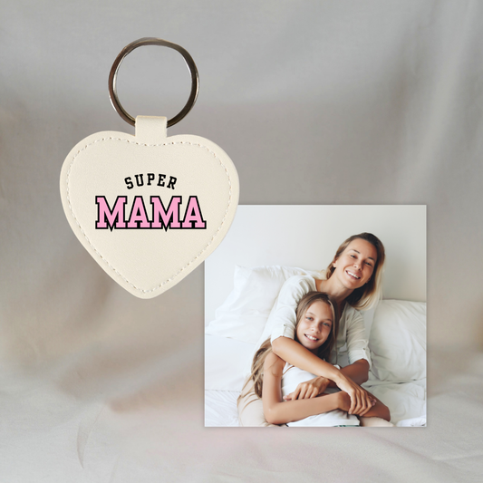 Gepersonaliseerde Fotomagneet en Sleutelhanger (Set van 2): Super Mama ✧