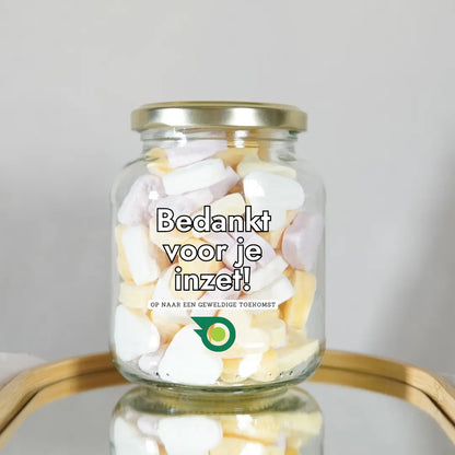 gevulde glazen snoeppot uniek relatiegeschenk met logo bedrukking