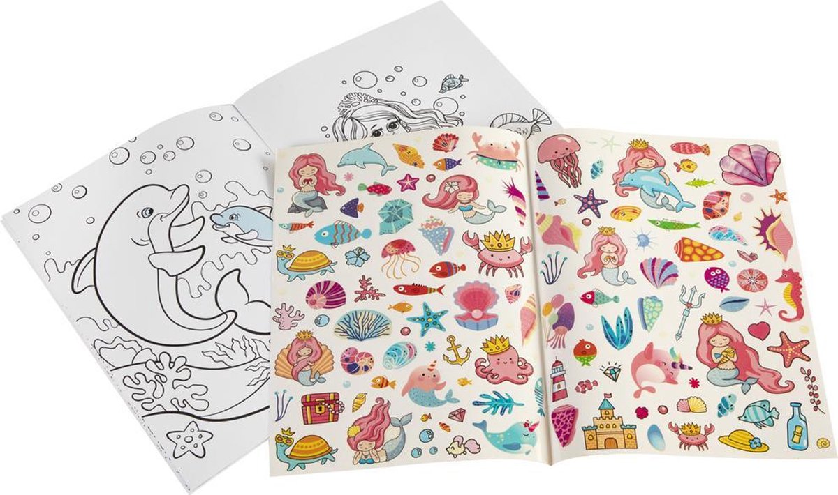 Glitter kleurboek en stickerboek | Thema Zeemeermin - 32 designs - 2 stickervellen A4