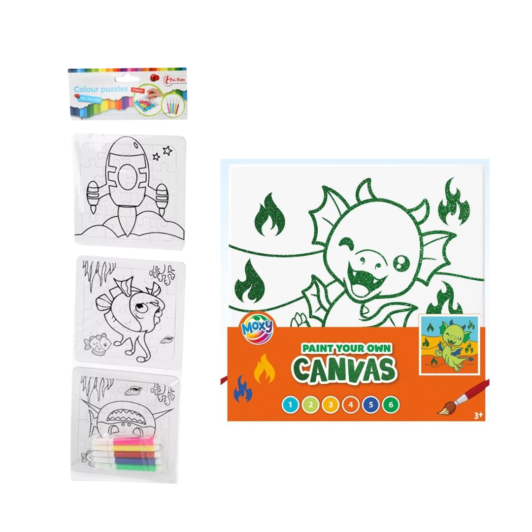 Verfset Kinderen – Canvas Draak + 3 Kleurpuzzels – Creatief Knutselen Kinderen – Speelgoed 3 jaar / 4 jaar