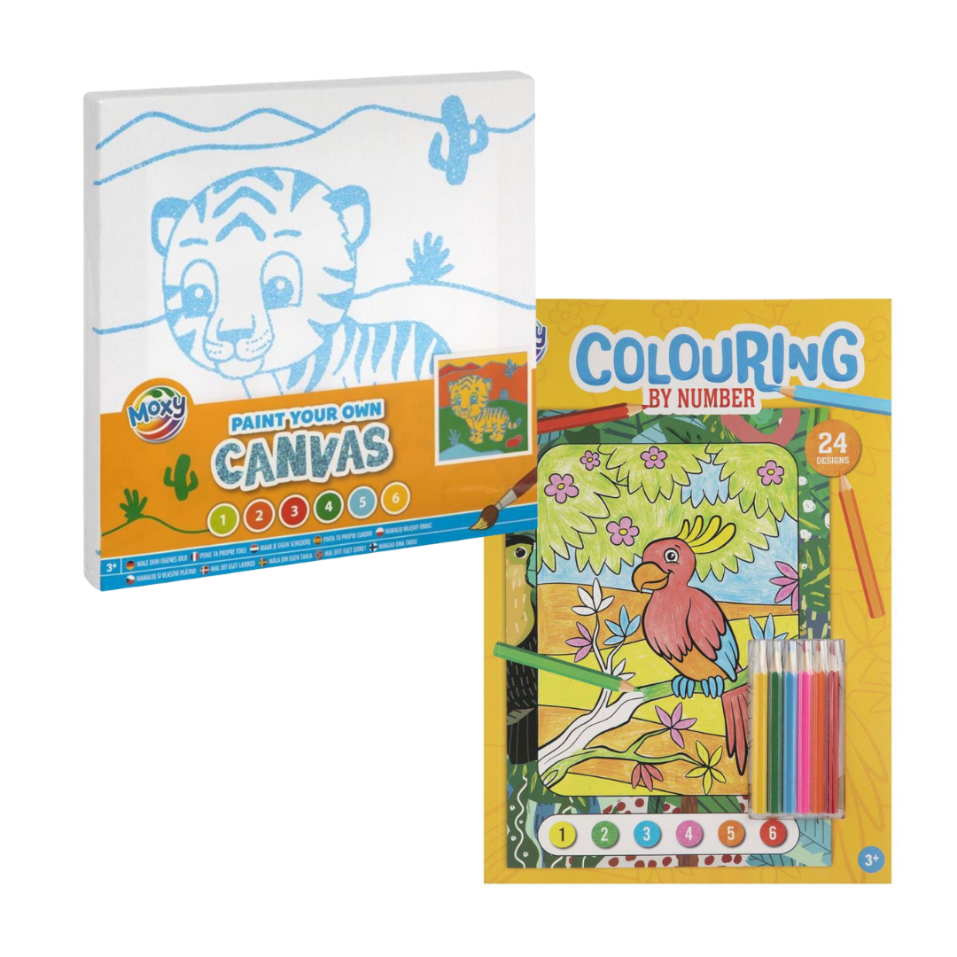 Paint- & Kleurplezier Set – Tijger & Dieren – Canvas Schilderen + Kleur-op-Nummer Boek – 24 Designs – Creatief Speelgoed voor Kinderen (3+)