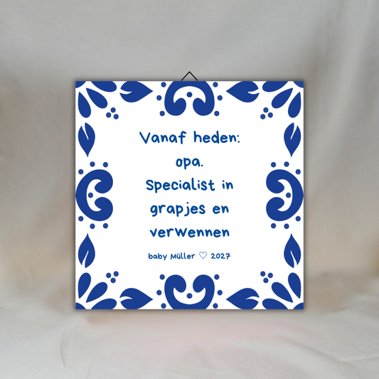 Gepersonaliseerde Delfts Blauwe Spreuktegel: Zwangerschap Aankondiging voor Opa ✧